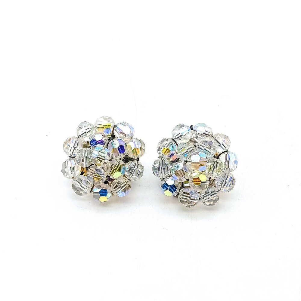 AB Crystal Bead Cluster Earrings, Vintage Clear Faceted Floaral Clip Ons